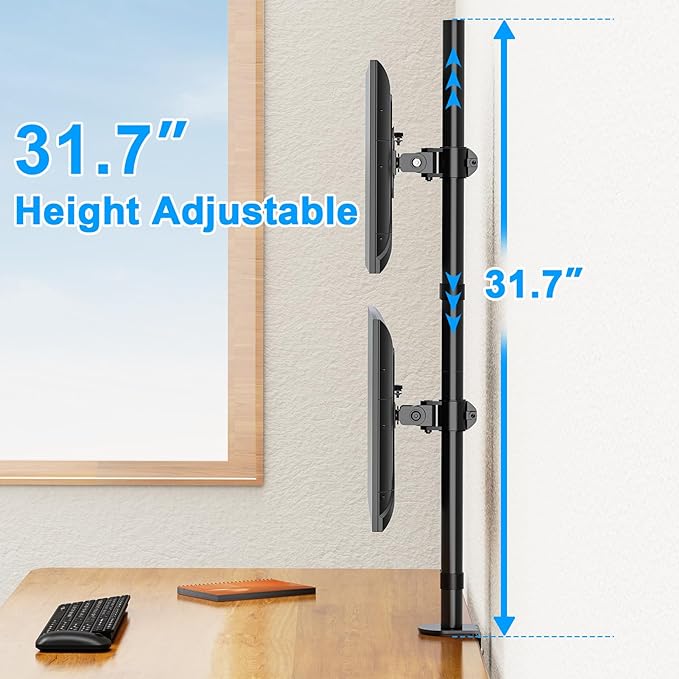 Vertical Dual Monitor Stand, Stacked Monitor Mount for 2 Screen Max 32 inches, Computer Monitor Arm Holds up to 17.6 lbs Each, Height Adjustable, Swivel, Tilt Monitor Desk Mount, VESA 75/100