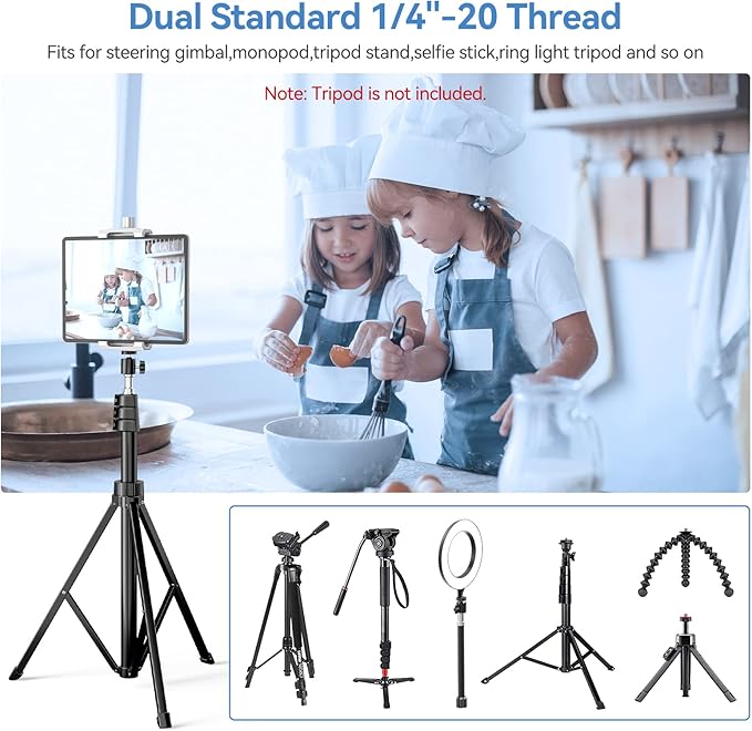 KDD iPad and Phone Tripod Mount Adapter with Ball Head, White Tablet Mount for Tripod, 360 Rotatable iPad Holder Clamp fit iPad Pro 12.9, Air Mini, Galaxy Tab, Surface Pro, Selfie (5.3-10.6’’)