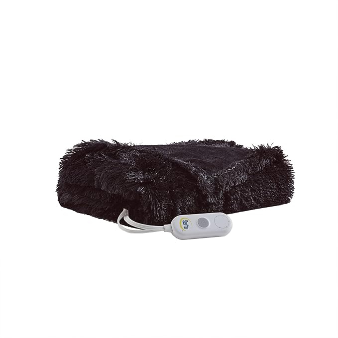 Serta Mila Shaggy Heated Throw Blanket - Soft Faux Fur Heated Blanket, Fast Heating, Auto Shut Off Timer, Low EMF, 5 Heat Setting, ETL Certified, Machine Washable Electric Blanket, Black 50"x60"