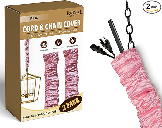 Royal Designs, Inc. Cord & Chain Cover 4 ft Silk Type Fabric, Chandelier Pendant Lighting Chain & Cable Management, Touch Fastener, Pink - 2 Pack