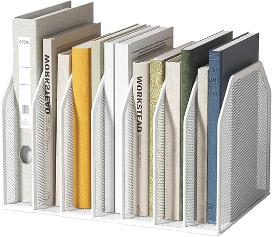 Metal 7 Section File Folder Organizer for Desk | Vertical Office File Holder | Heavy-Duty Mesh Document Sorter for Books, Binders, Laptops | White Desk Organizer (12.8”x8.5”x7.9”)