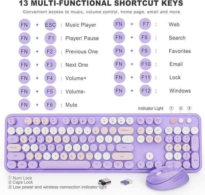 Wireless Keyboard and Mouse Combo, Ergonomic Full Size Typewriter Retro Round Keycaps Keyboard, Compatible with Windows, PC, Perfer for Home and Office Keyboards (Purple