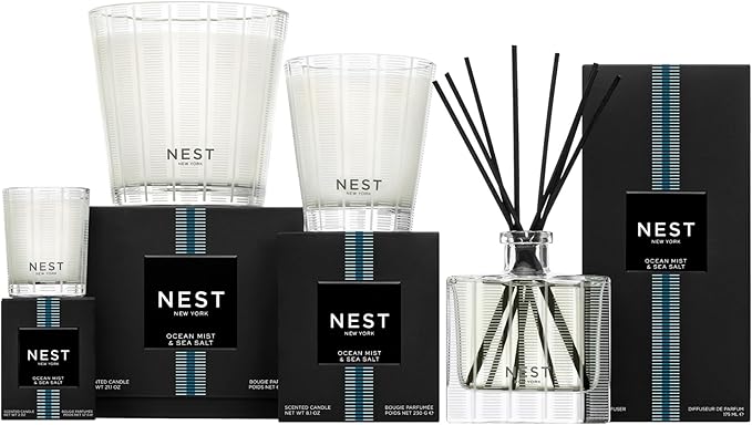 NEST New York Reed Diffuser, Ocean Mist & Sea Salt - 5.9 fl oz - Fragrance for Up to 90 Days - Reusable, Refillable Glass Holder - Includes 8 All-Natural Reed Sticks - Flame Free