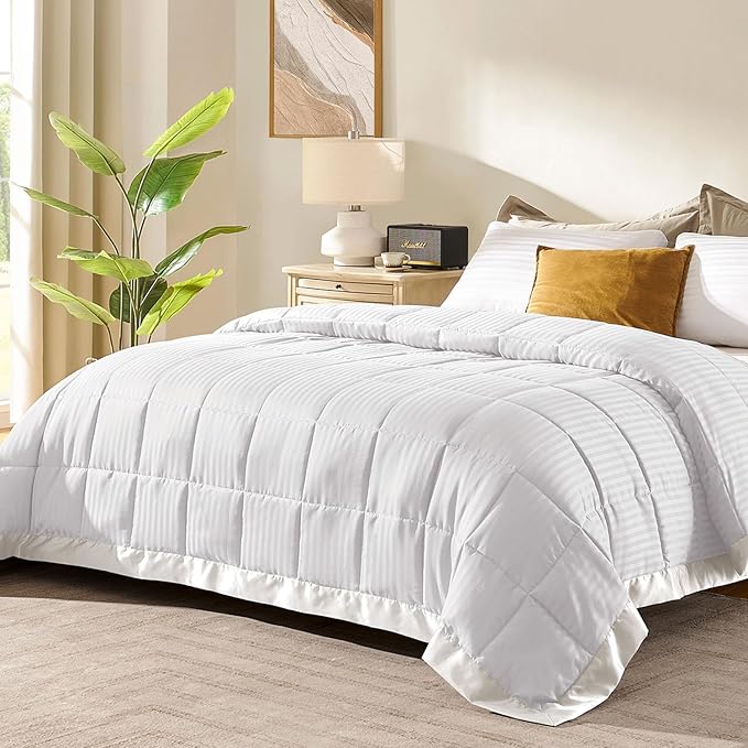 downluxe Queen Size Blanket with Satin Trim, Lightweight Down Alternative Blankets Queen Size for All Season, Machine Washable (Ivory, 90x90 Inch)