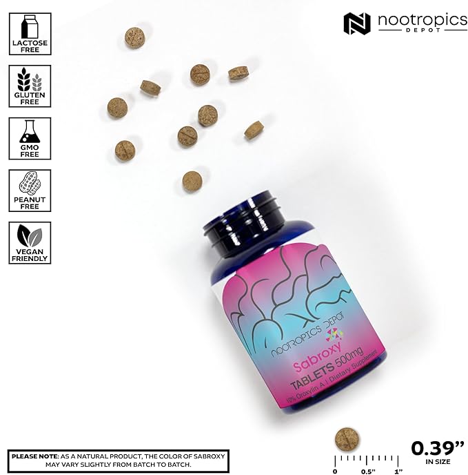 Nootropics Depot Sabroxy® Tablets | 500mg | 30 Count | Minimum 10% Oroxylin-A | Oroxylum indicum | May Help Promote Focus & Motivation | May Help Promote Cognitive Function