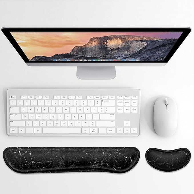 Dapesuom Enlarge Keyboard Wrist Rest, Memory Foam Wrist Cushion for Desk Mats Support, Cute Marble Pain Relief Keyboard Mouse Pad Rests Set with Non-Slip Base for Gaming Laptop Office Computer, Black