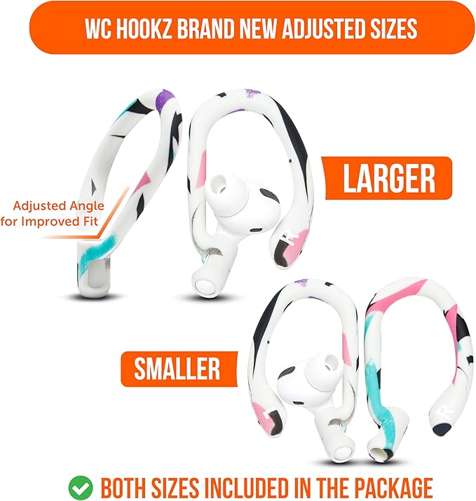 WC HookZ - Patented Upgraded Over Ear Hooks for AirPods Pro 1, 2 & AirPods 1, 2 & 3- Two Size Pairs Included in Package, Unique Left & Right Hook, Made by Wicked Cushions | 90's White