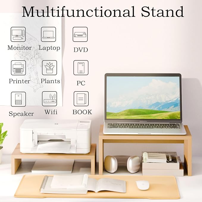 TEAMIX Pull Out Monitor Stand Riser-2 Pack,Wood 2 Tier Adjustable Monitor Stand Dual Monitor Riser for 2 Monitors/Laptop/PC Computer Stand Desktop Space Saver…