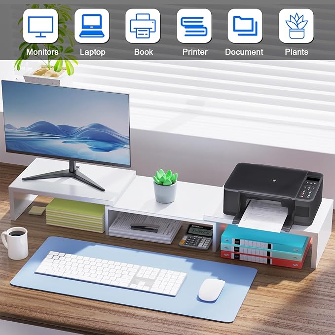 Dual Monitor Stand for Desk, Metal Computer Stand, Desk Shelf Riser,Desktop Organizer for Home and Office Use (White)