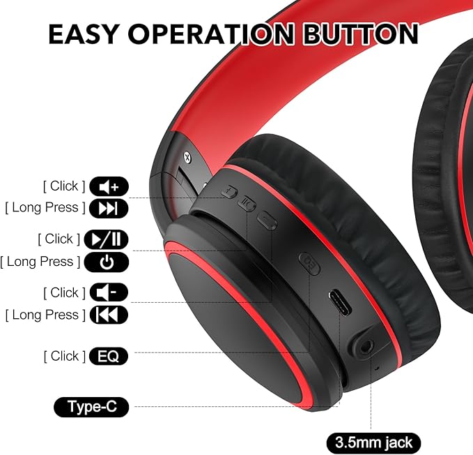 RORSOU B10 Bluetooth Headphones Over Ear, 2 EQ Music Modes(Normal/Bass) and 50H Playtime Wireless Headphones with Mic, Lightweight Folding HiFi Stereo Headset for iPad/Travel/Tablet/PC/Home (Black)