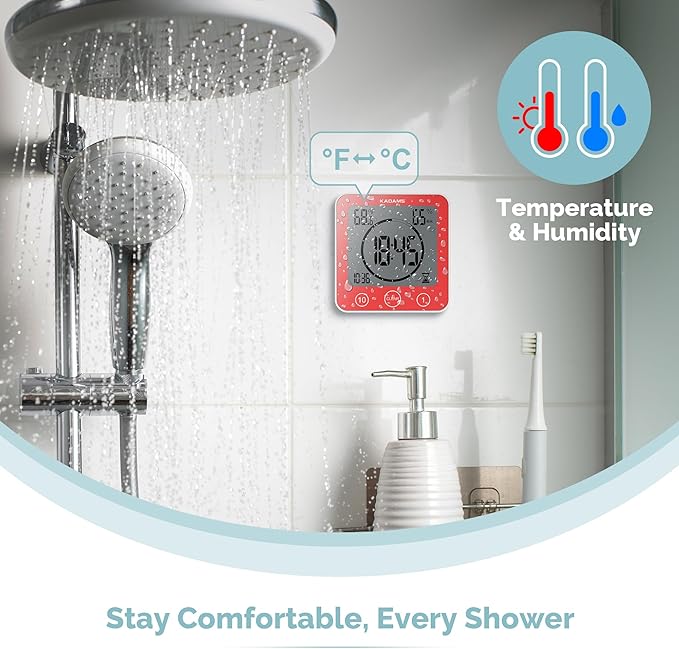 KADAMS Shower Clock Waterproof Bathroom Timer – Digital Wall Clock with Countdown, Magnetic Kitchen Clock with Temperature & Humidity, Suction Cup for Kids Shower Spa Sauna Cook Bath (Red)