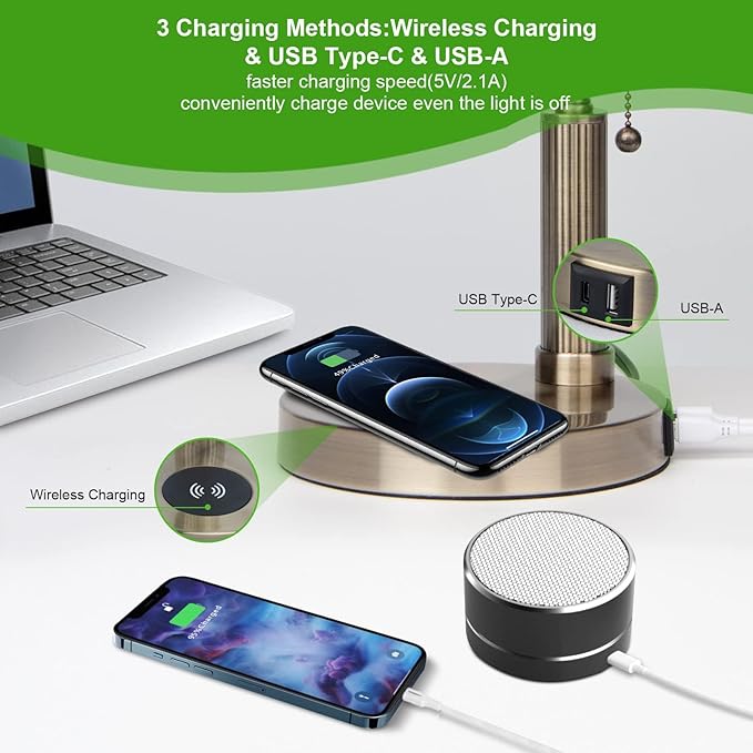 FIRVRE Glass Bankers Desk Lamp with Wireless Charger, 2 USB Charging Port, Vintage Desk Lamp with Pull Chain Switch, Retro Table Lamps for Home Office, Piano, Library (Bulb Included)