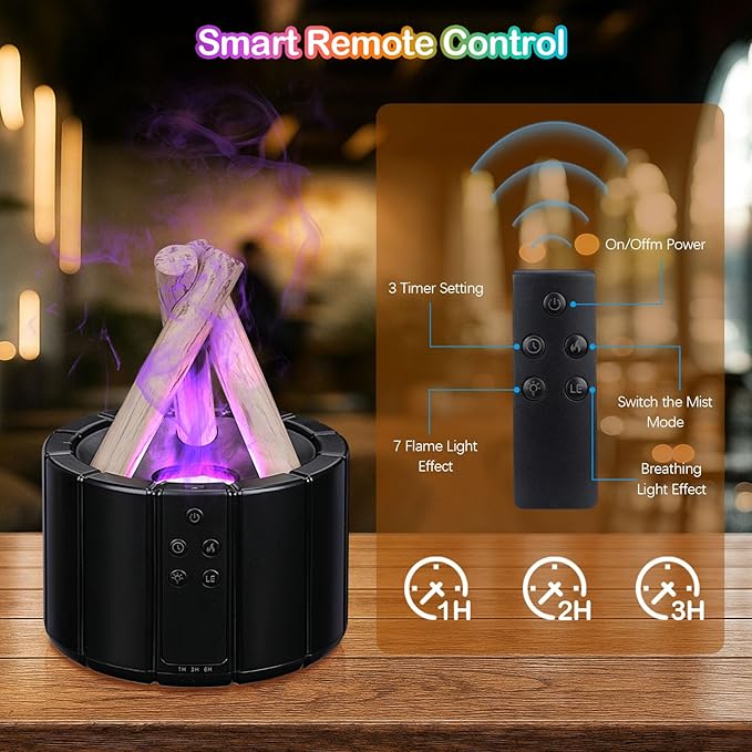 Campfire Flame Essential Oil Diffuser, Doyosh 7 Colors Bonfire Aromatherapy Diffuser Humidifier, 250ml Cool Mist Humidifier, Scent Aroma Diffuser with Remote, Timer, Auto-Off Function for Home, Office