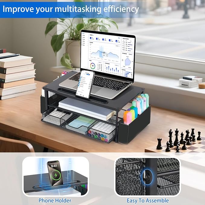 AUPSEN Wood Computer Monitor Stand Riser, 2-Tier Black Desk Organizer with Drawer, Pen Storage & Phone Holder ，Office Desk Accessories Desktop Organizer for Office Supplies