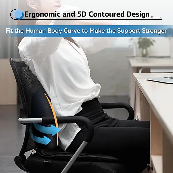 Lumbar Support Pillow for Car, 100% Memory Foam Lumbar Pillow with Breathable Removable Cover, Ergonomic Design - Back Pillow Lumbar Support Pillow for Car Seat/Back Pain Relief(Ice Silk Black, 1PC)