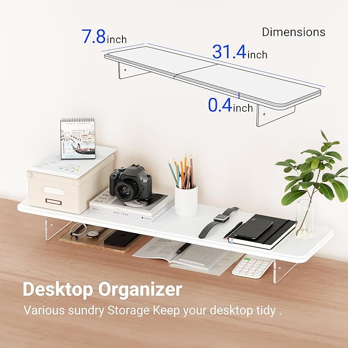 Monitor Stand Riser,31.5-Inch LED Light Wood Computer Monitor Stand with Adjustable Acrylic Legs,Desk Accessories Desktop Organizer Stand for Computer,Laptop,Printer,PC TV Screen Riser，White