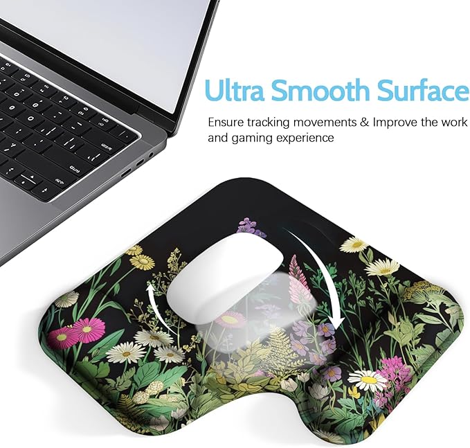 Ergonomic Mouse Pad with Gel Wrist Rest (1"& 1.2" Dual Height) - Mouse Pads Compact Mousepad Desk Mat Office, Gaming & Carpal Tunnel Relief | Non-Slip Rubber Base | Wildflower Black