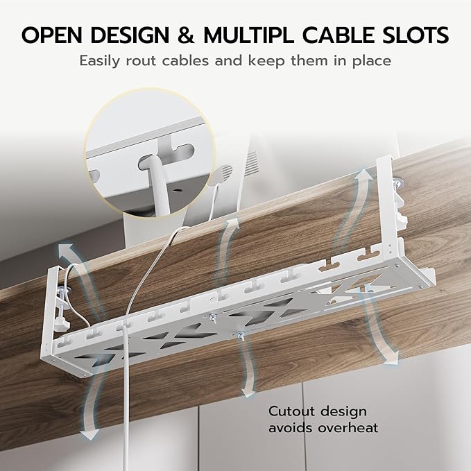 ARES WING 17"-28.7" Extendable Under Desk Cable Management Tray with Cable Slots, Clamp On Cord Organizer Holds Up to 11 lbs, White Metal Under Desk Storage for Office and Gaming Accessories