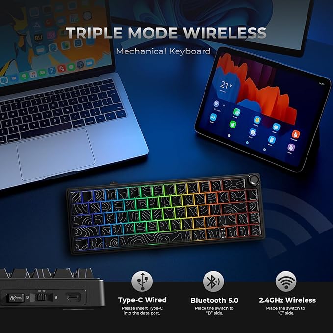 RK ROYAL KLUDGE R65 Wireless Mechanical Keyboard with Volume Knob, 60% Gaming Keyboard Topographic, Tri-Mode 2.4Ghz/USB-C/BT, Gasket Mount, QMK/VIA, PBT Keycaps, Hot Swappable Cream Switch, Black