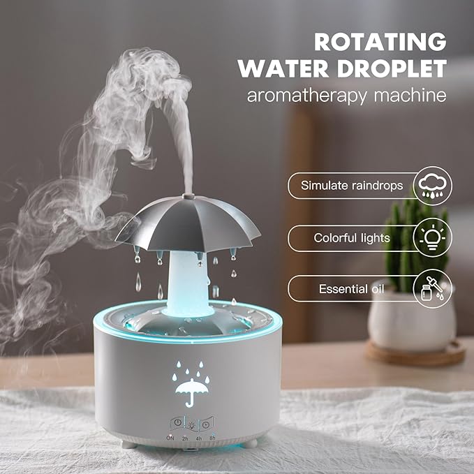 Rain Umbrella Humidifier,Essential Oil Aroma Diffuser with Soothing Rain Sounds,Water Drip Effect,7 Colors Mood Lights,Remote Control, Timer and Auto-Off, Raindrops Relaxing Sound for Deep Sleep