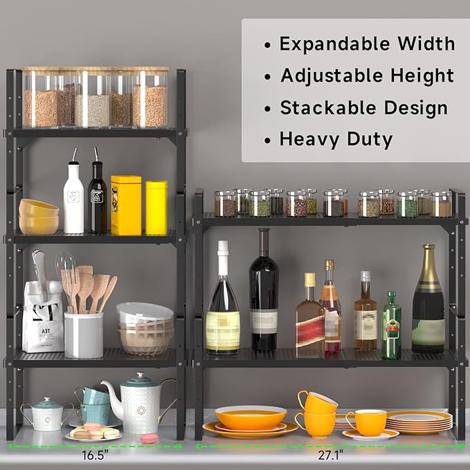 Expandable Cabinet Storage Shelf Stackable Organizer Rack for Kitchen Bathroom Pantry Spice Cupboard Coffee Countertop Home Office Desk Heavy Duty Nonslip Black Small 2 Packs