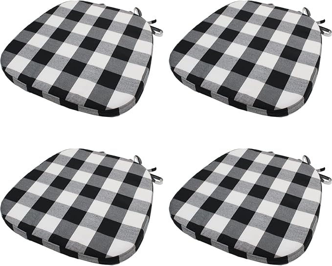Chair Cushion with Ties for Dining Chair - Memory Foam No Slip Kitchen Chair pad and Dining Room Seat Cushion with Machine Washable Cover [16.5 X 16.2 Inches] - (Black White,4)