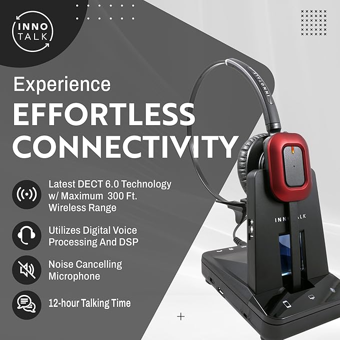 INNOTALK Office Wireless Headset for Connecting 3 Devices: Desk Phone, PC Phone, and Bluetooth Device, 300 Ft. Long Range Wireless