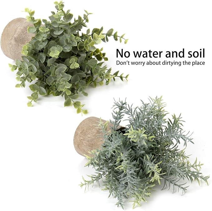 Briful Artificial Potted Plants Set of 2 Small Faux Plant Eucalyptus Mini Fake Plant Decor for Home Table Office Room Desk Bathroom Shelf Kitchen Rustic