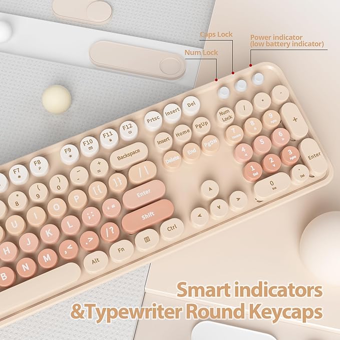 Fogruaden Retro Typewriter Keyboard and Mouse Wireless, 2.4GHz Office Full-Sized Colorful Computer Keyboard with Number Pad and Cute Mouse for Windows PC Desktops Laptop