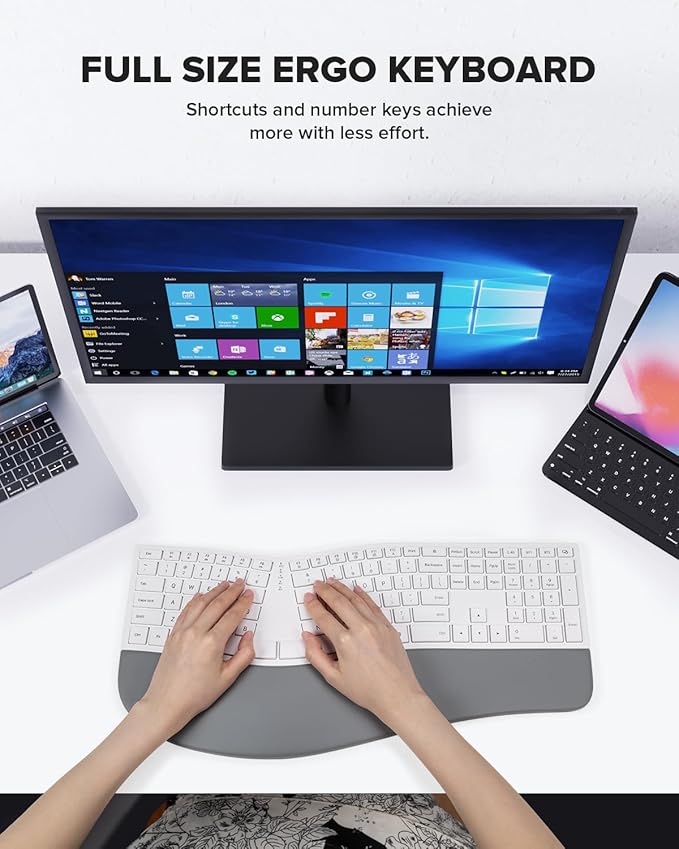 DeLUX Full Size Wireless Ergonomic Keyboard with Palm Rest, Ultra-Thin Split Keyboard, Bluetooth and 2.4G Connection, Rechargeable Battery, Natural Typing (GM909-White)