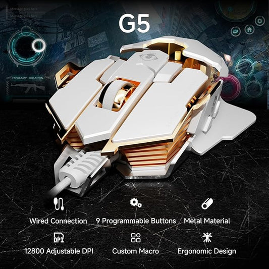 EWEADN G5 Wired Gaming Mouse, Ergonomic RGB Computer Mouse, 12800 Adjustable DPI, 9 Programmable Macro Buttons with Rapid Fire Key Compatible for PC/Laptop/Windows-White