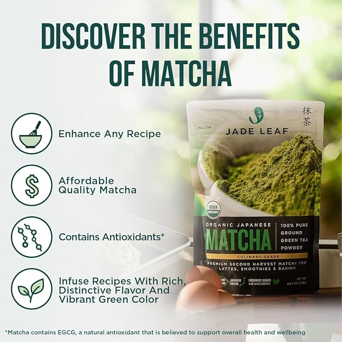Jade Leaf Matcha Organic Green Tea Powder - Culinary Grade Premium Second Harvest - Authentic Japanese Origin (8.8 Ounce Bulk Resealable Pouch)