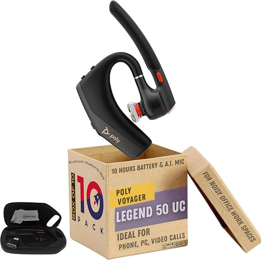 Poly Voyager Legend 50 Bluetooth Headset Noise Cancellation, 4-Mic WindSmart Tech, 10-Hour Battery, Fast Charging, 98 ft Wireless Range, Multipoint Connectivity, Voice Assistant, GTW Cloth(Pack of 10)