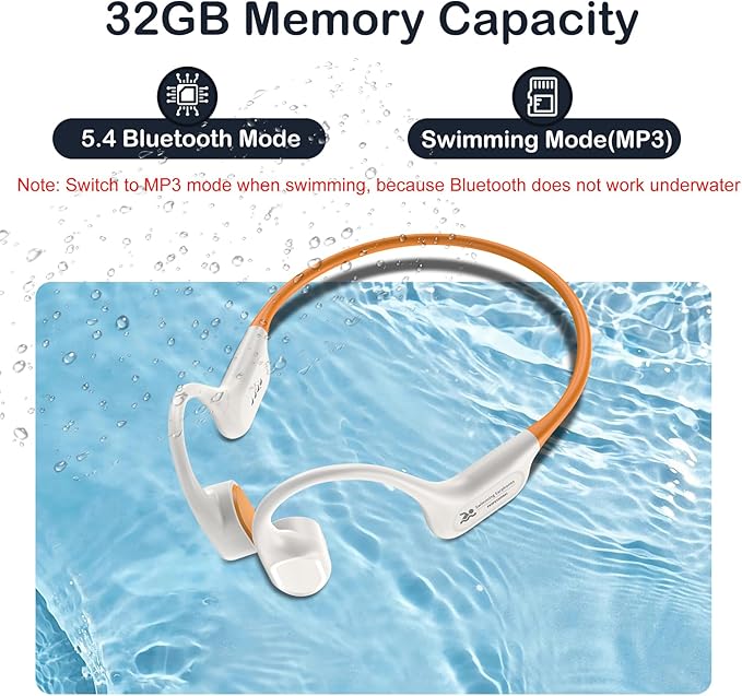 Bone Conduction Swimming Headphones, IP68 Waterproof Earbuds with 32GB MP3, Bluetooth 5.4 Open Ear Sport Earphones, Underwater Headphones for Swimming, Running, Cycling, Marathon-SurfAudio(Beige)