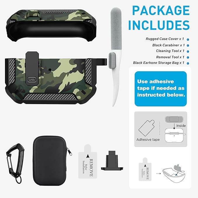 Maxjoy for AirPods Pro Case Cover with Lock, AirPods Pro 1st Generation Case for Men Military Rugged Protective Cover with Keychain Compatible with Apple AirPod Pros 2019 Front LED Visible, Green Camo