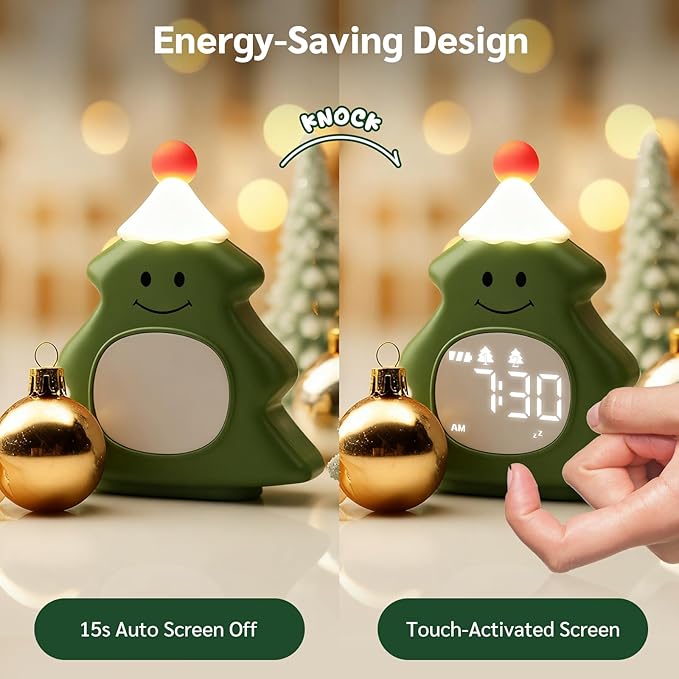 Yiliaw Kids Alarm Clock with Night Light, Christmas Tree Wake Up Clock, Rechargeable Cute Alarm Clock for Bedroom, for Boys and Girls, Green