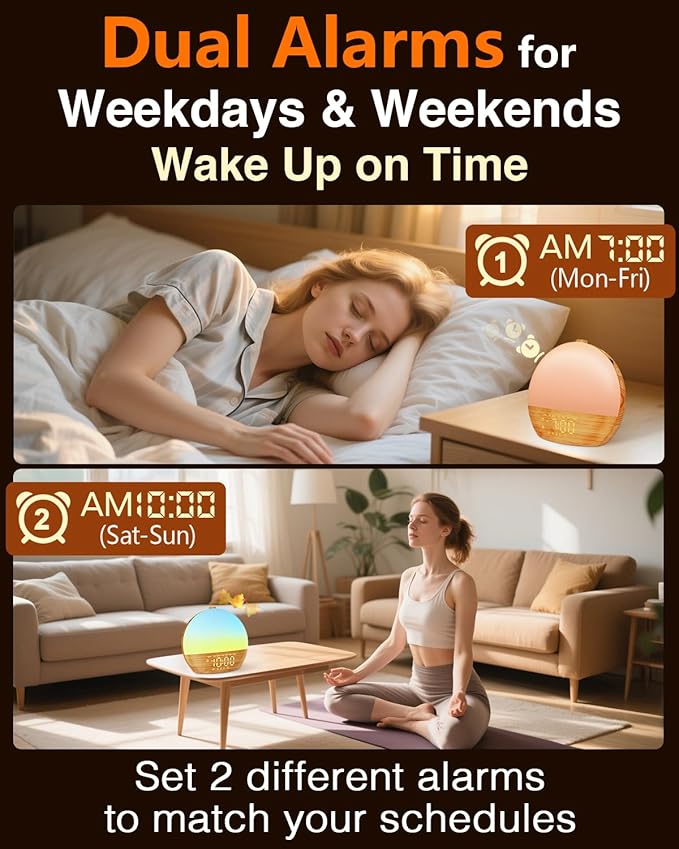 Sunrise Alarm Clock with Sound Machine - Wake Up Light, Wood Grain, Bluetooth, Dual Digital Alarm Clocks for Bedrooms, Adjustable Brightness, 30 Sleep Sounds, White Noise Machine for Baby & Adults