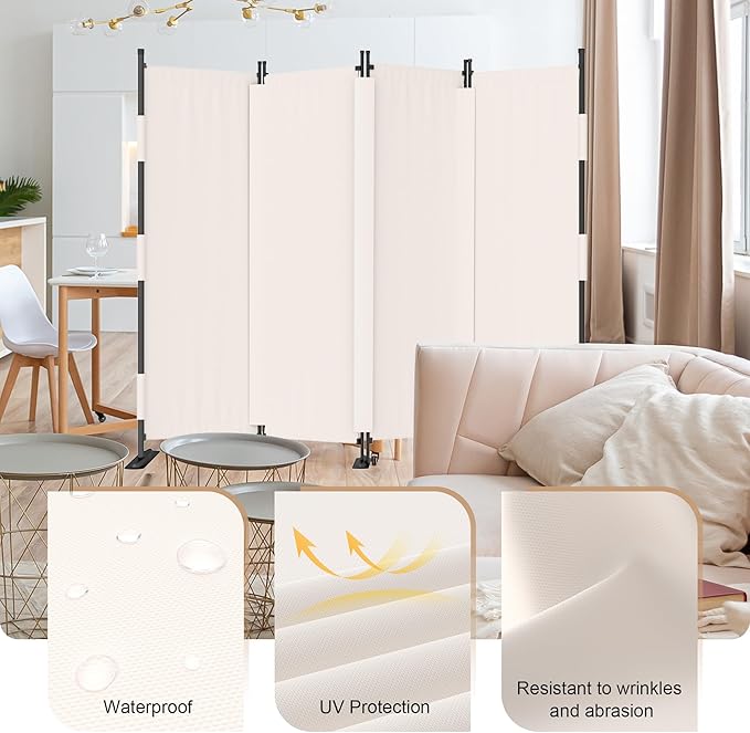 Room Divider, 4 Panel Upgraded Folding Privacy Screen, 88” Highly Secretive Separation with 3 Metal Feet, Partition Screen, Lightweight Freestanding Wall Divider Bedroom (White)