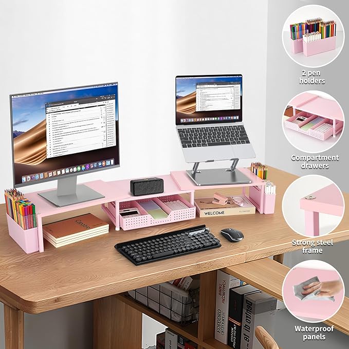 Desk Dual Monitor Stand Riser - Wood Desk Organizer with Drawer and Pen Holders, Office Desk Accessories & Workspace Organization, Computer Monitor Stand for Laptop Printer, Girl Pink