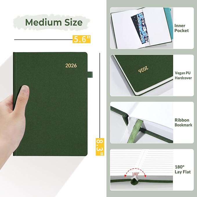 SUNEE 2026 Weekly & Monthly Hardcover Planner 5.5" x 8.3" - 12 Month (January 2026 - December 2026), Small Hardcover Planner, Pocket, Notes, 100 GSM Paper, Deep Green