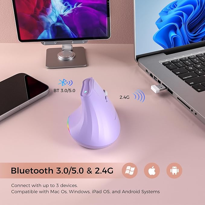 57° Wireless Ergonomic Mouse, Vertical Mouse, Carpal Tunnel Mouse, RGB Light, Rechargeable, Bluetooth & 2.4G, 5-level DPI Adjustment, Quiet Click Ergo Mice Compatible with PC, Laptop, Mac, Pueple