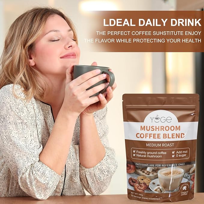 Mushroom Coffee, Organic 6 Mushrooms with Cordyceps, Reish, King Trumpet, Shitake, Turkey Tail, Lions Mane, Instant Coffee Powder for Energy,Focus, Digestion & Immune Support, 30 Servings