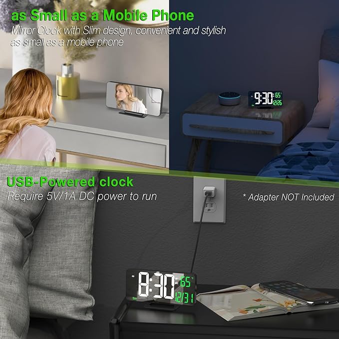 KOSUMOSU Desk Clock 6.7in Black Digital Alarm Clock with Dual Alarm, Dimming, Date, Day of Week, Temp, 12h 24h, Digital LED Clock for Table Decor, Digital Calendar Mirror Clocks Essentials