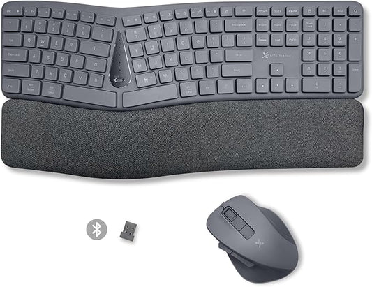 X9 Split Ergonomic Keyboard Mouse Wireless Combo - Type Comfortably Longer - 2.4G/Bluetooth Ergo Keyboard Mouse Wireless, Silent Keys, Wrist Rest, Multi-Device, Rechargeable for Laptop, PC, Mac - Gray