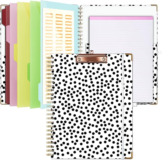 Ospelelf Clipboard with Storage 8.5 X 11，Padfolio Organizer, Spiral Portfolio Letter Size with Notepad, Pen Holder, 5 Extra Folder Divider Pages, Elastic Closure Nurse Office Essentials (Polka Dots)