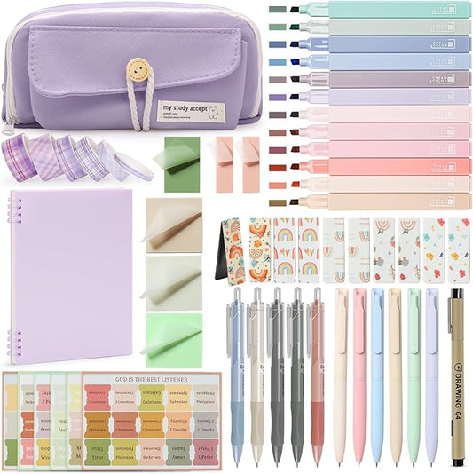 54Pcs Bible Journaling Kit with Pencil Case, Bible Highlighters and Pens with Tabs, Notebook, Bible Study Supplies Journel Essentials Accessories Tools for Women,Back to School Gift (Purple)