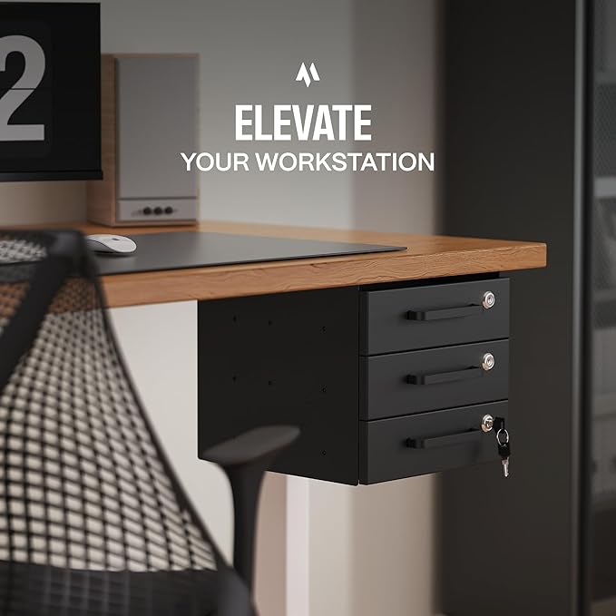 Under Desk Drawer Slide-Out - Lockable Metal Storage Drawers with Cable Management for Office & Home (Triple, Non-Bracketed)