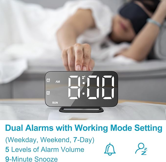 Slim LED Digital Alarm Clock, Mirror Surface for Makeup, with Diming, Large Display, Easy Setting, USB Ports, Modern Decor for Bedroom, Desk, Idea for Women, Sister, College Girl, Black