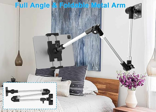 Metal Long Arm Tablet Wall Mount Holder [Aluminum Arm 37"] Adjustable Wall Tablet Stand with Foldable Arm for iPad Pro Air Mini, Galaxy Tab, Surface, Switch, Fire, iPhone, 4-12.9"