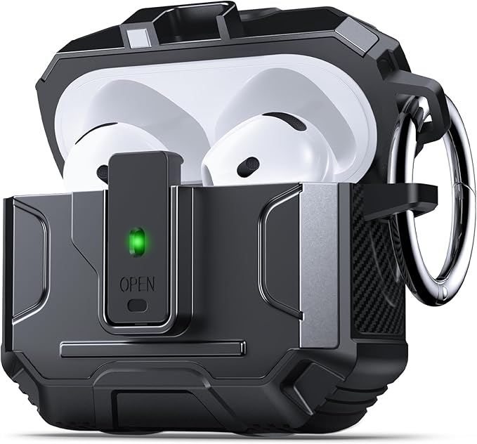 DASFOND Armor Earphone Cover Case for Airpods 4 Generation, Military Grade Full Body Shockproof Protection Hard Case, Support Wireless Charging with Keychain, Magnetic Lid, Front LED Visible, Black